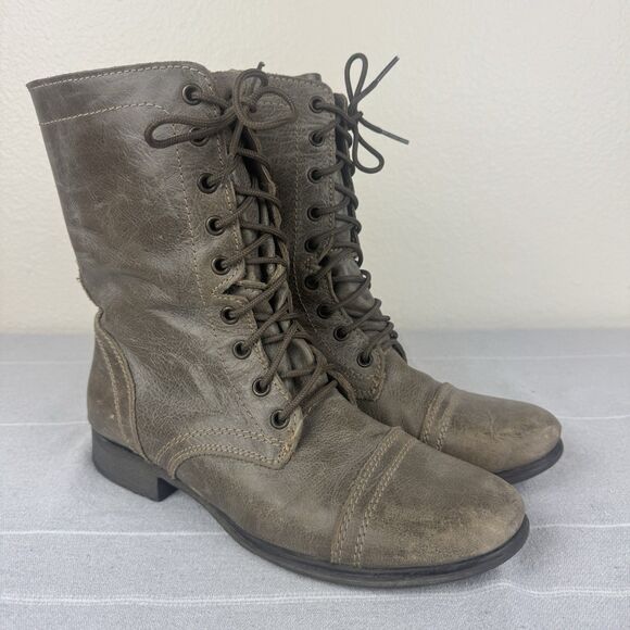 Steve Madden Troopa Combat Moto Lace Up Leather Boots Mid Calf Stone Taupe 9 - Picture 1 of 13